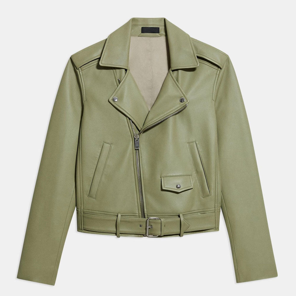 New Green Women's Lambskin Motorcycle Aviator Leather Riding Biker Jacket