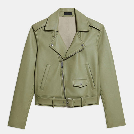 New Green Women's Lambskin Motorcycle Aviator Leather Riding Biker Jacket