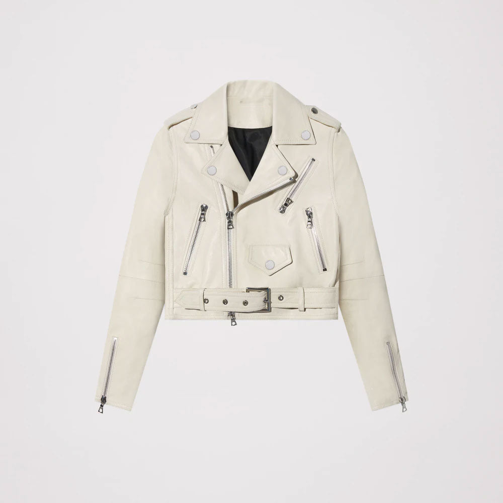 New white Women Sheepskin Aviator Motorcycle Genuine Leather Biker Jacket