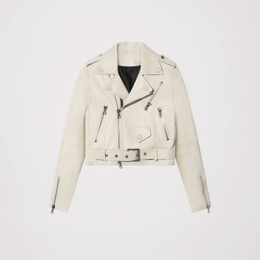 New white Women Sheepskin Aviator Motorcycle Genuine Leather Biker Jacket
