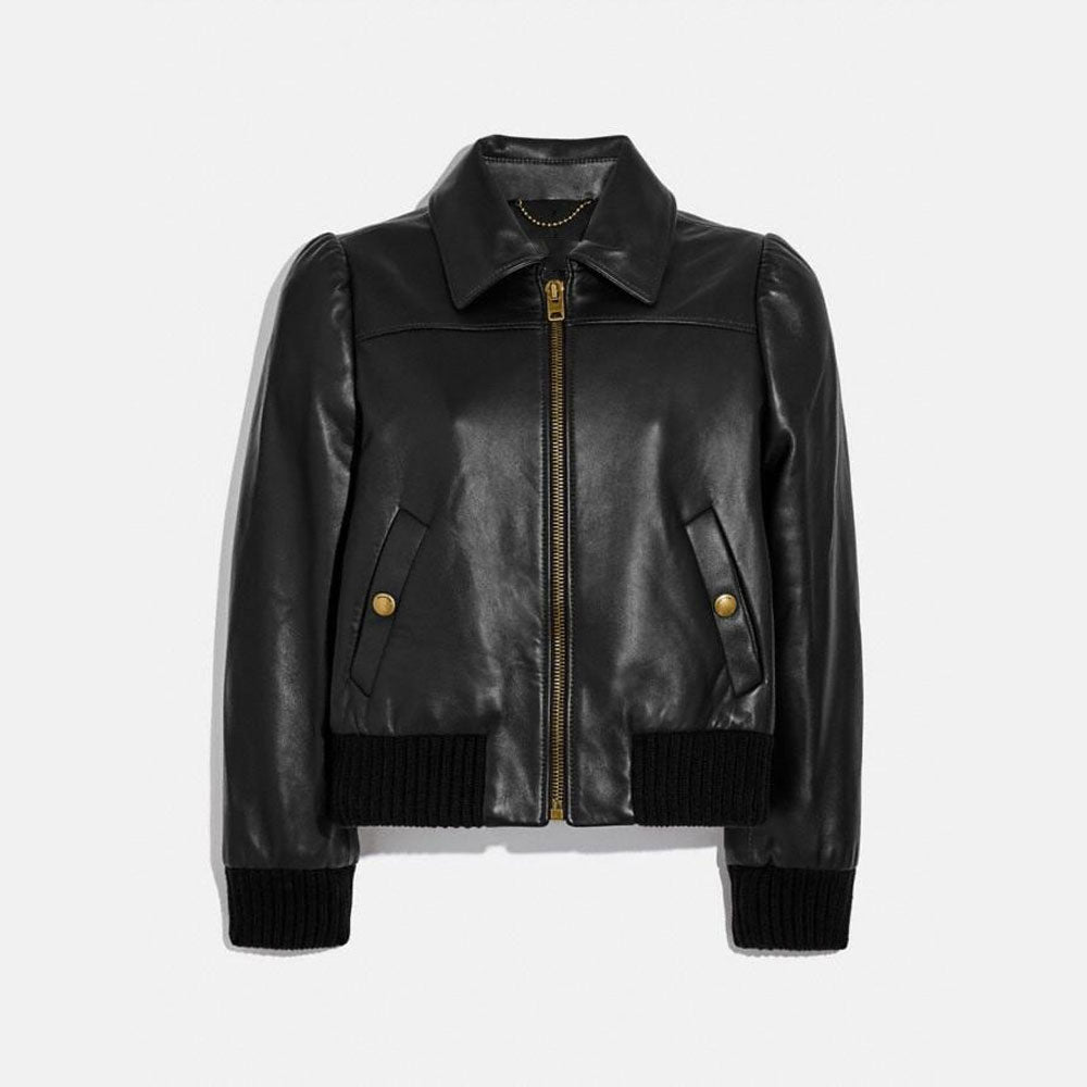 New Women Black Sheepskin Shearling Leather Bomber jacket