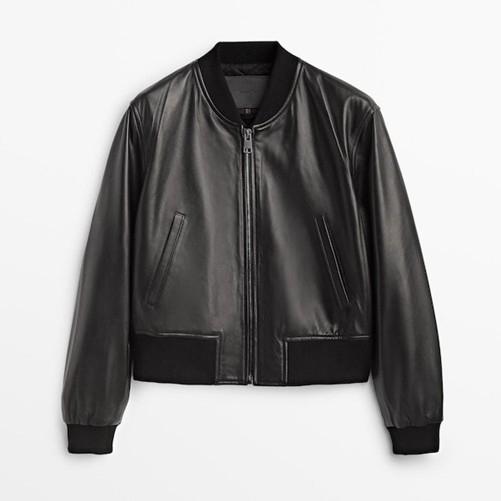New Black Lambskin Shearling Leather Bomber Jacket For Women's