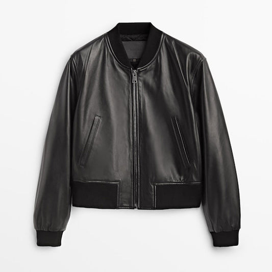 New Black Lambskin Shearling Leather Bomber Jacket For Women's