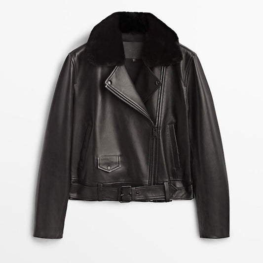New Black Women Lambskin Aviator Genuine Leather Biker Jacket With Black Fur Collar