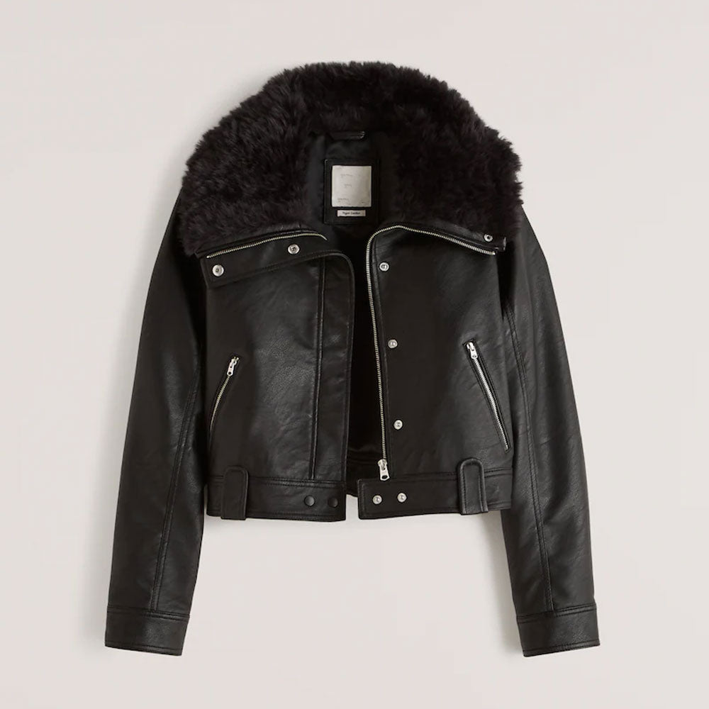 New Women Black Fashion Shearling Sheepskin Aviator Leather Jacket
