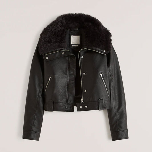 New Women Black Fashion Shearling Sheepskin Aviator Leather Jacket