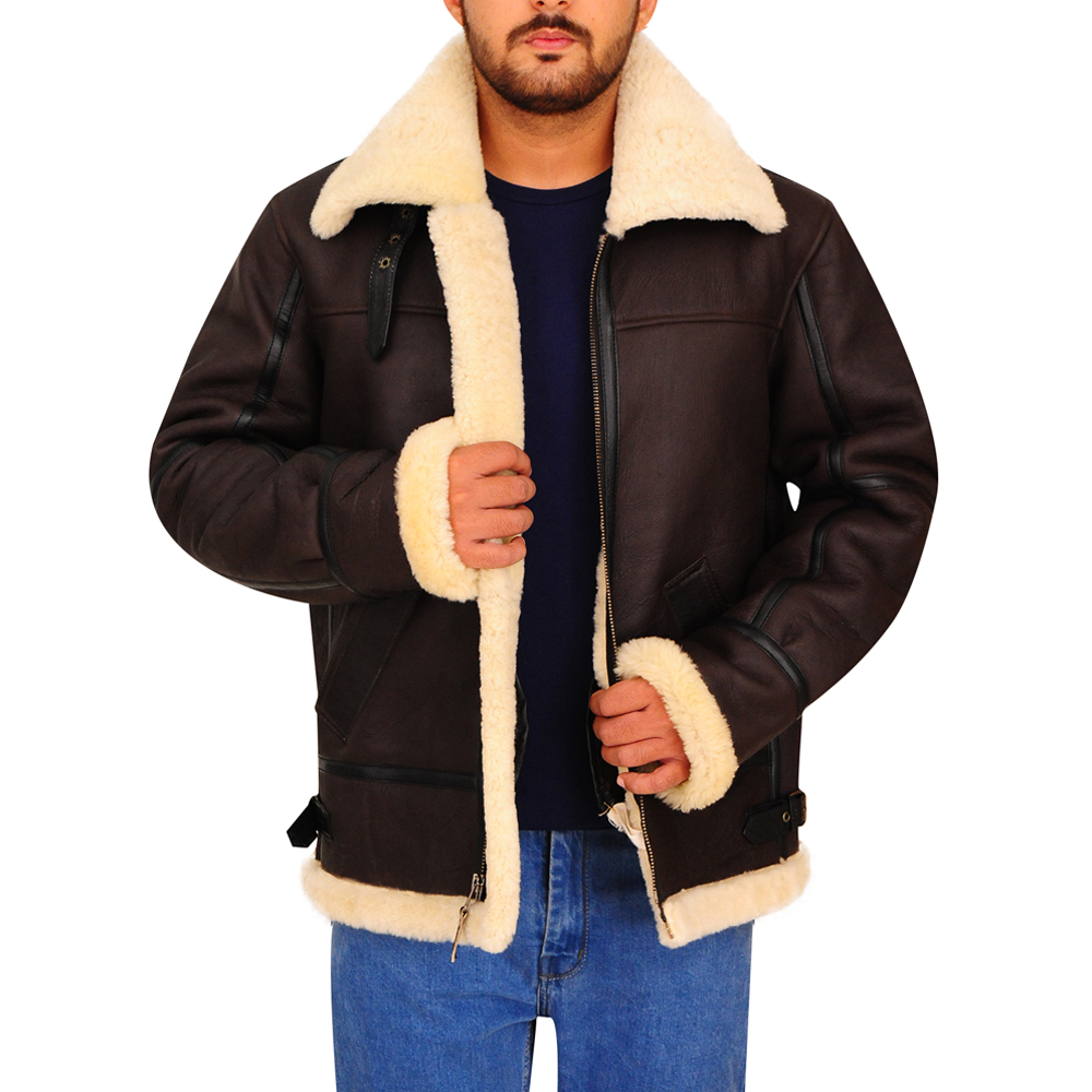 New Men Brown leapskin Shearling Flying RAF B3 Bomber Leather Jacket Aviator