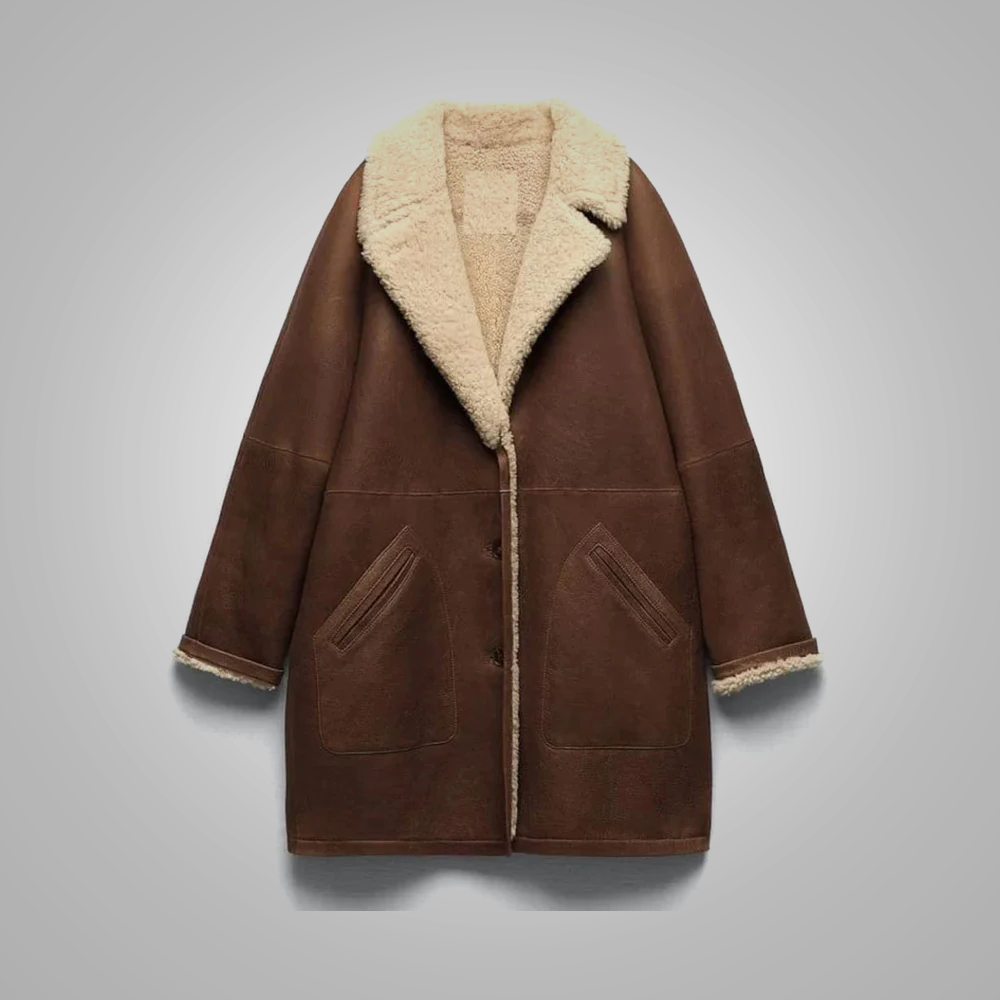 New Brown Lambskin Shearling RAF Bomber Leather Coat For Women