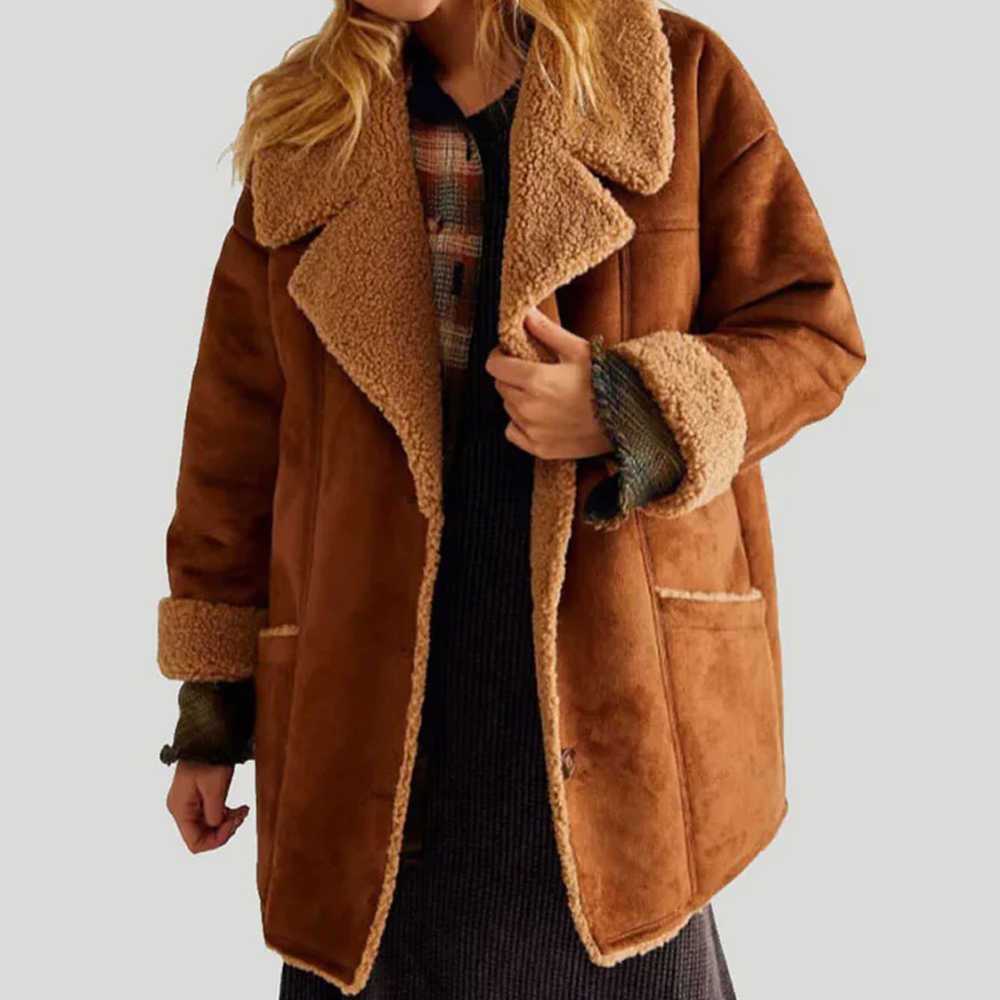 New Brown Women Sheepskin Suede Aviator Shearling Flight Leather Fur Coat
