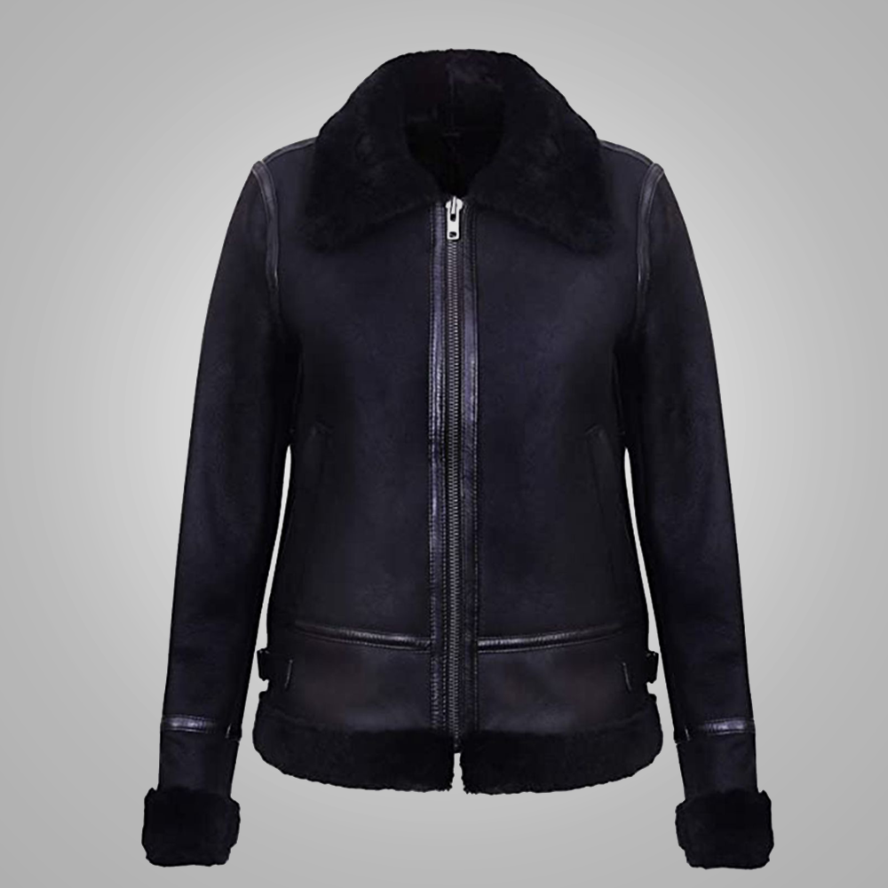 New Black Women Sheepskin Aviator Shearling Genuine Leather Bomber Jacket With Black Fur Collar