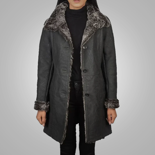 New Sheepskin Black Women Shearling Leather Long Coat For Women