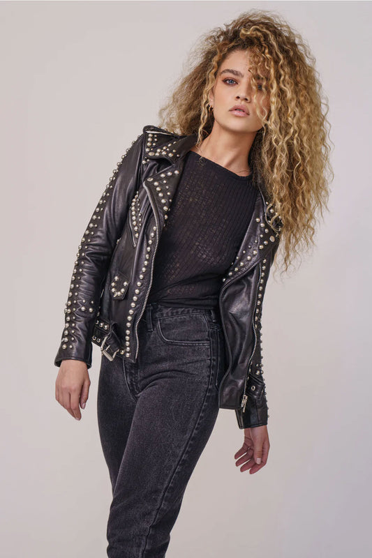 Women Lambskin Black Motorcycle Style Silver Spiked Studded Leather Biker jacket