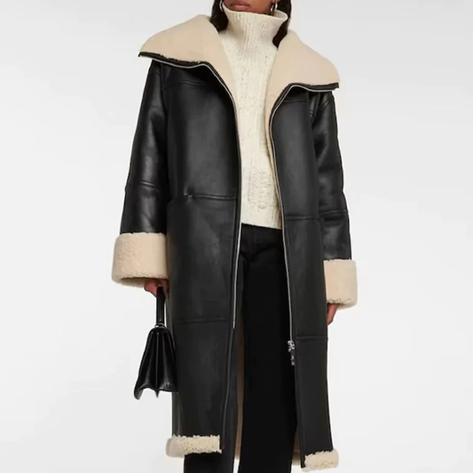 New Women Lambskin Black Shearling Leather Long Coat With White Fur