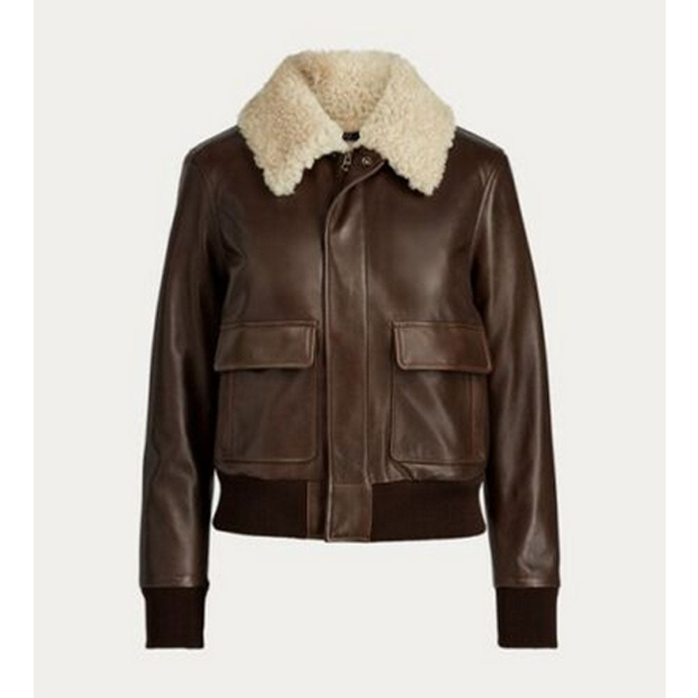 New Brown Shearling Sheepskin Aviator Motorbike Fur Leather Bomber Jacket For Women