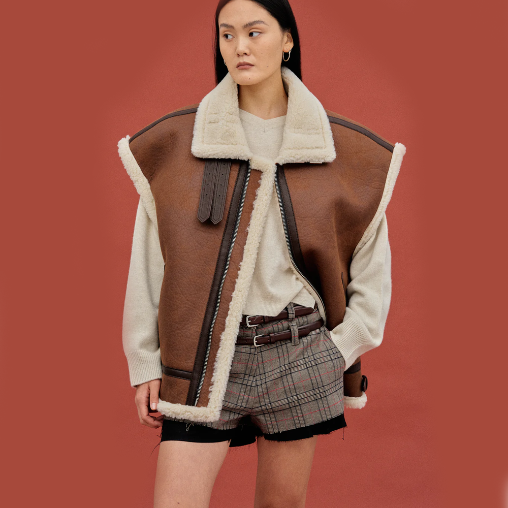Women Brown Shearling Lambskin Aviator Leather Vest