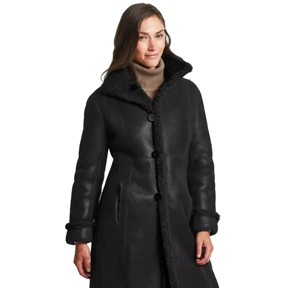New Best Women Sheepskin Black Shearling Genuine Leather Long Coat