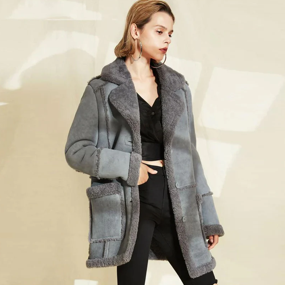 New Gray Women Lambskin Shearling Long Suede Aviator Leather Coat