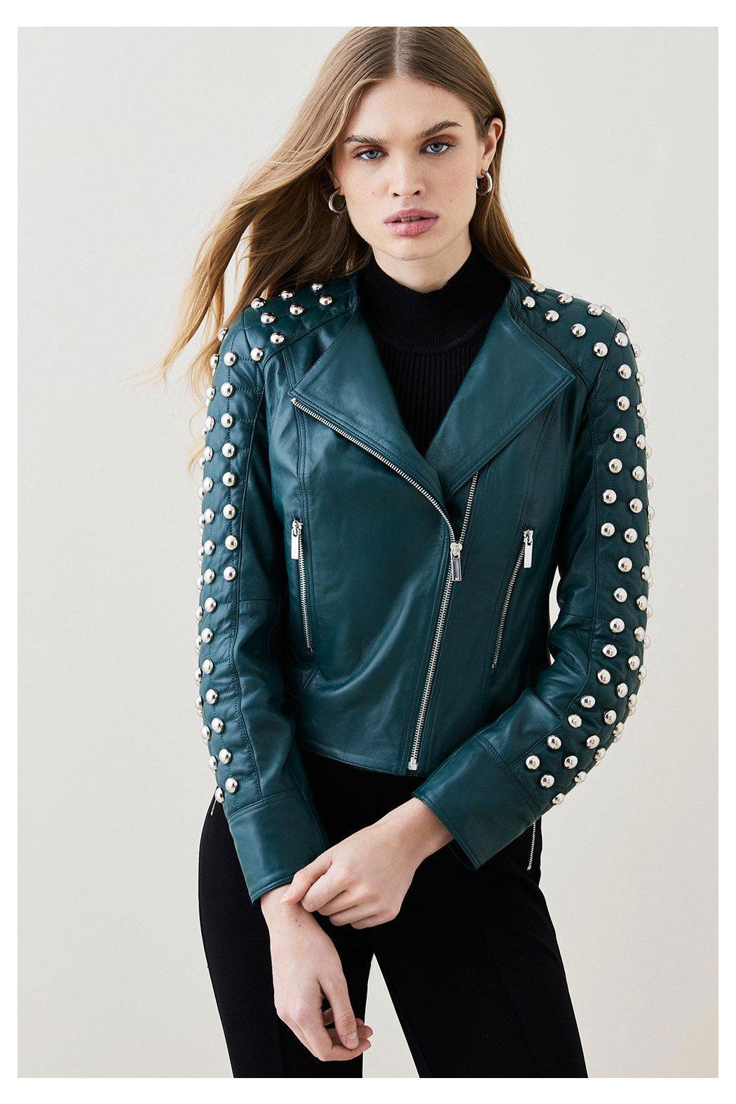 New Best Women Chocolat Green Motorcycle Style Silver Spiked Studded Leather Biker Jacket