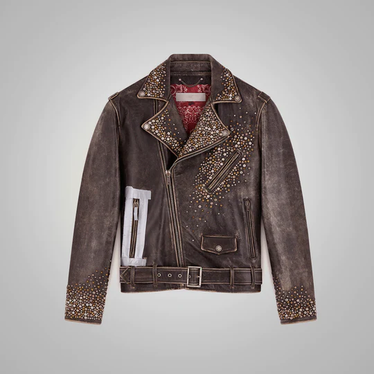 New Brown Lambskin Studded Distressed Genuine Leather Aviator Biker Jacket For Men