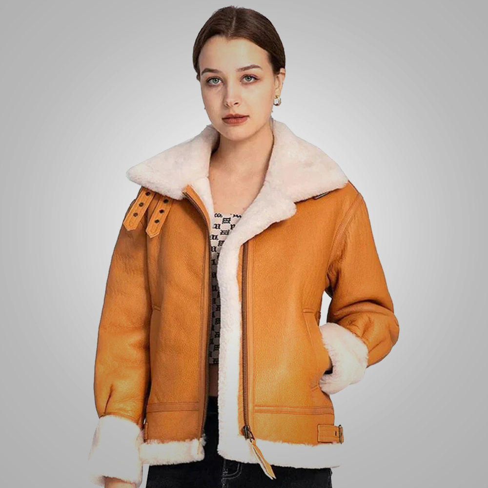 Women Brown B3 Bomber RAF Seepskin Aviator Leather White Fur Coat