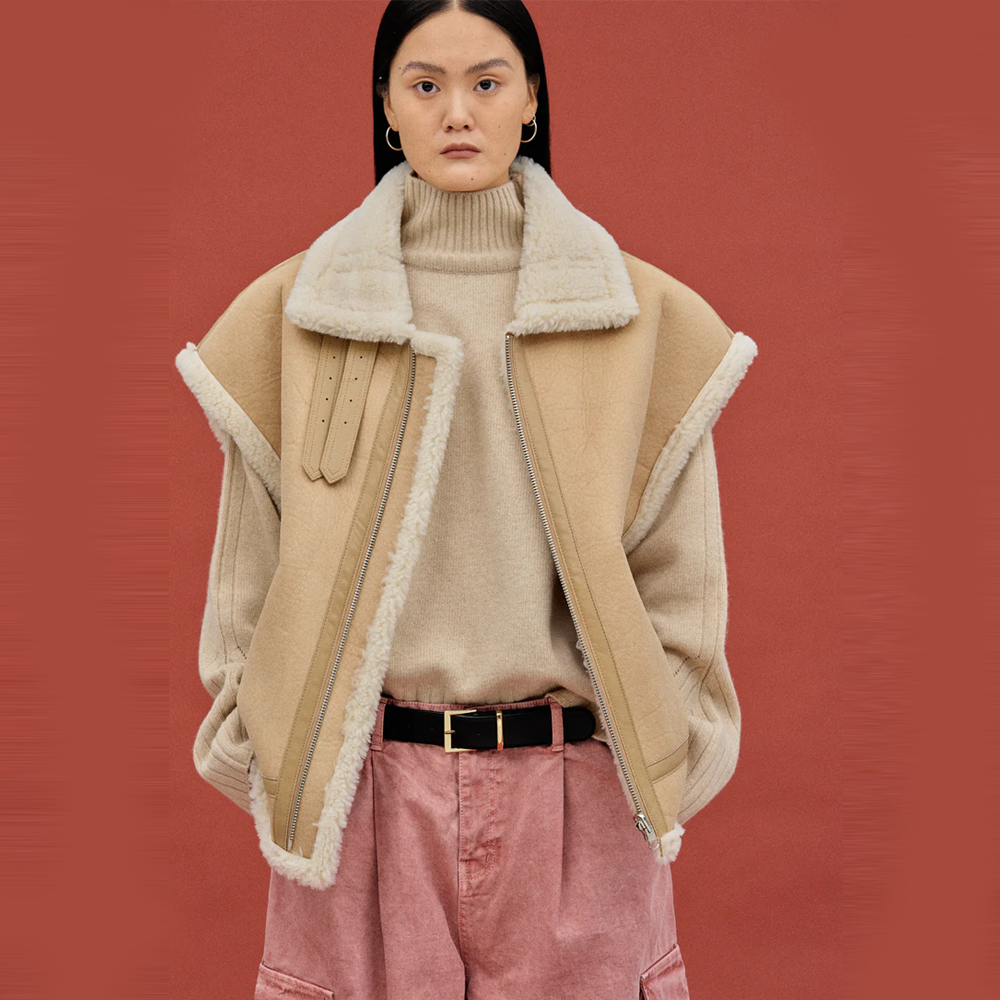 New Shearling Sheepskin Camel Thick Fur Leather Vest For Women