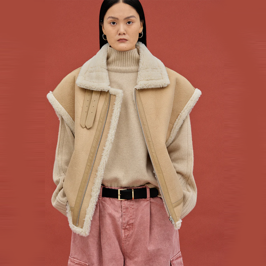 New Shearling Sheepskin  Camel Thick Fur Leather Vest For Women