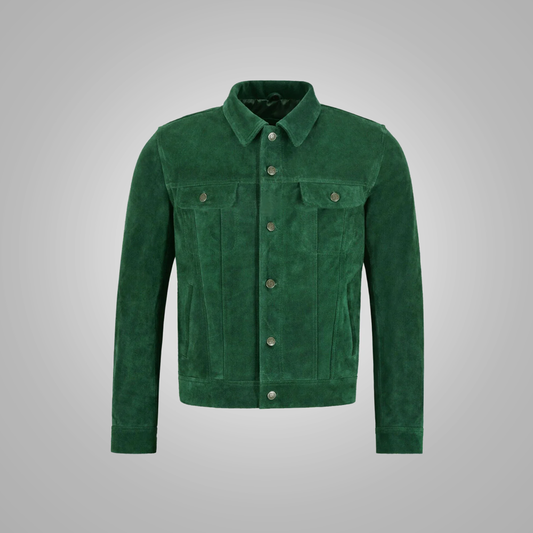 Mens Green Lambskin Shirt Jeans Genuine Leather Suede Bomber Style Jacket