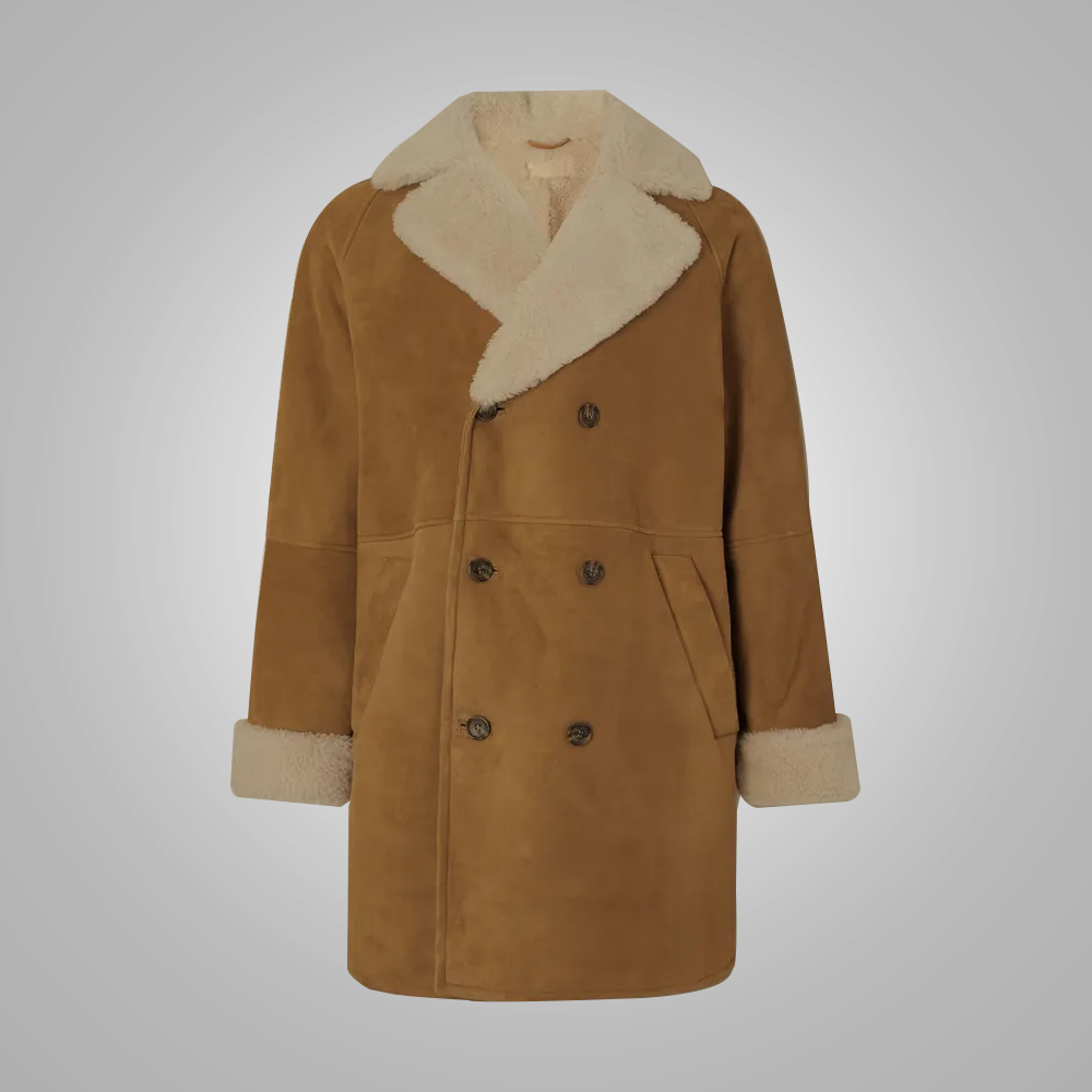 New Brown Khaki Double Breasted Sheepskin Shearling Leather Coat For Men