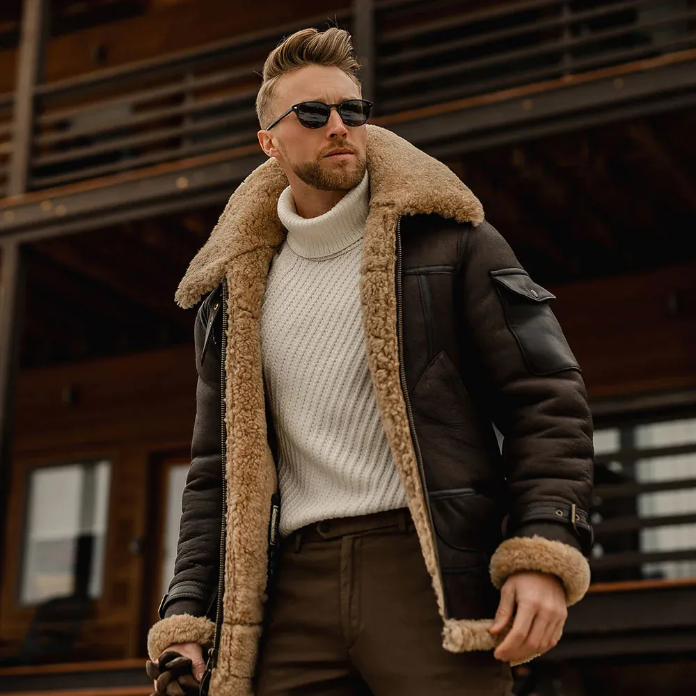 New Men's Genuine Sheepskin Shearling B3 Bomber Jacket – Real Leather Vintage Aviator Winter Coat for Extreme Cold Weather