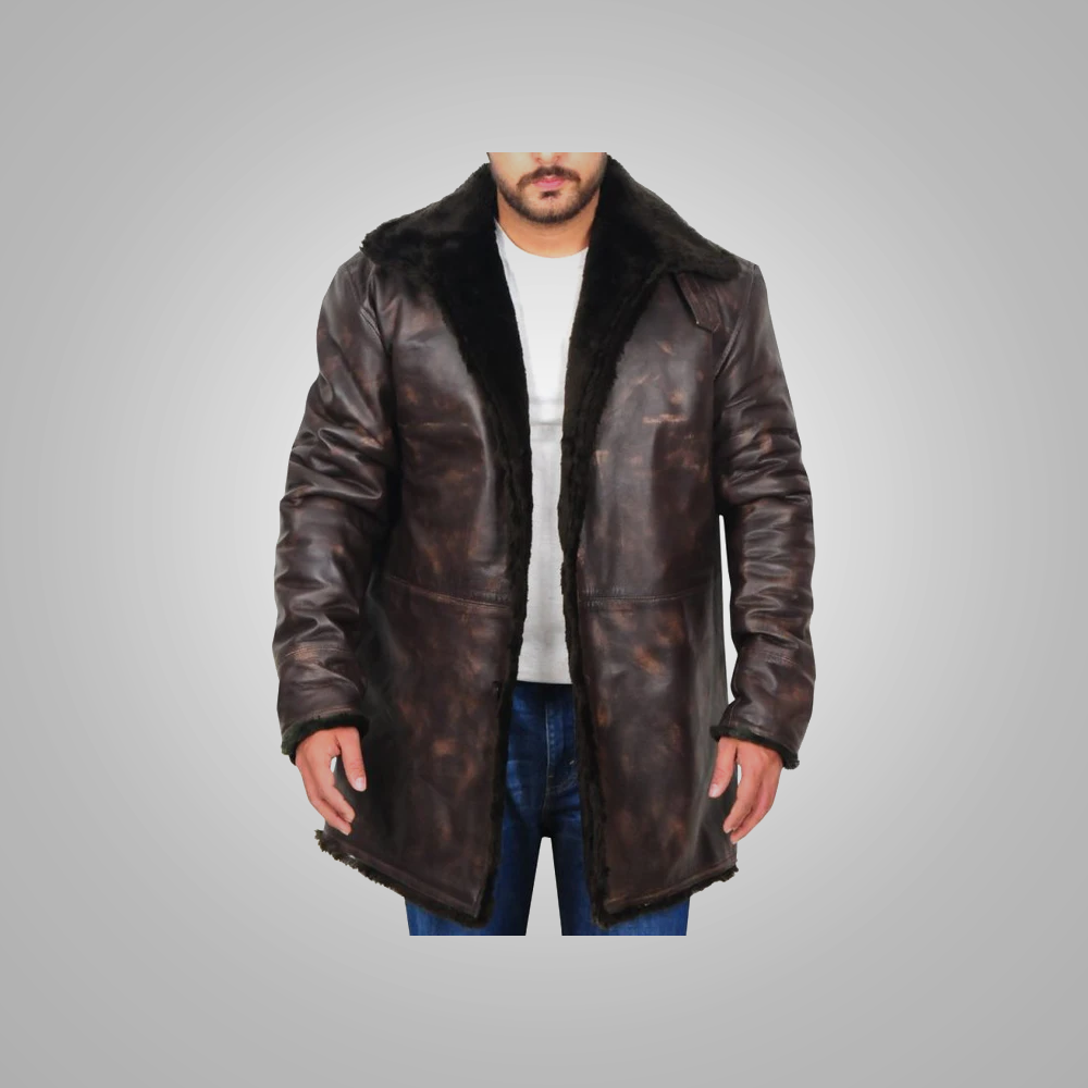 New Mens Brown Sheepskin Distressed Leather With Black Fur Collar Jacket