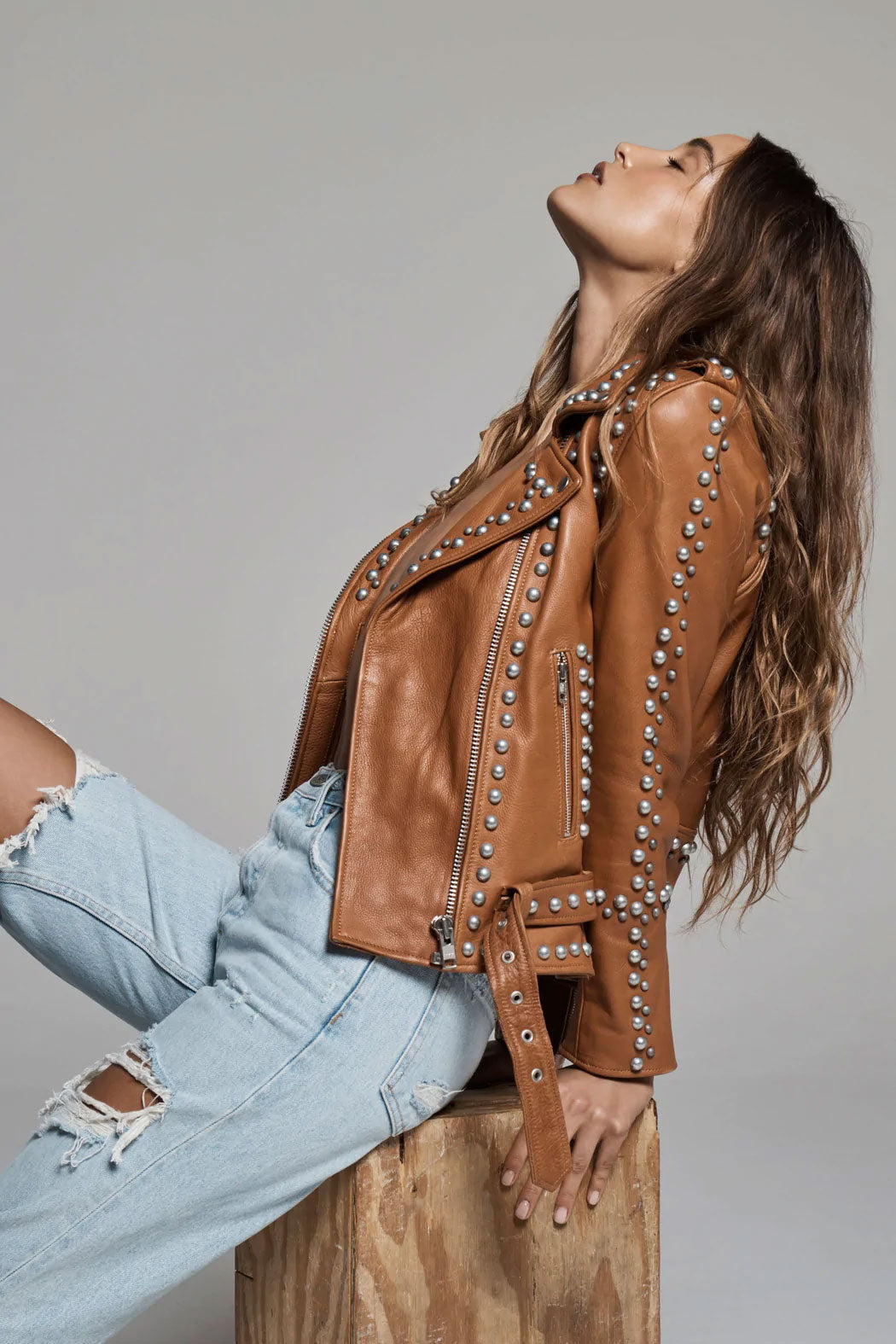 New Brown Style Silver Spiked Studded Motorcycle Leather Biker jacket For Women