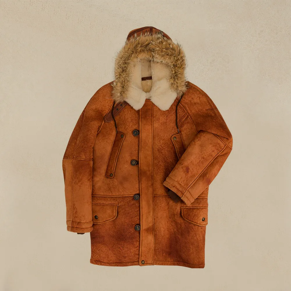 New Men’s Brown Sheepskin Shearling Leather Coat with shearling hood