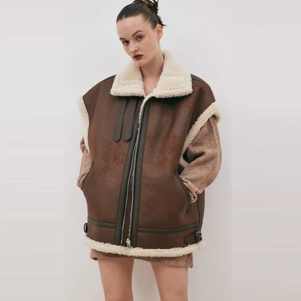 Women 2024 Chocolate Brown Sheepskin Shearling Aviator Leather Vest