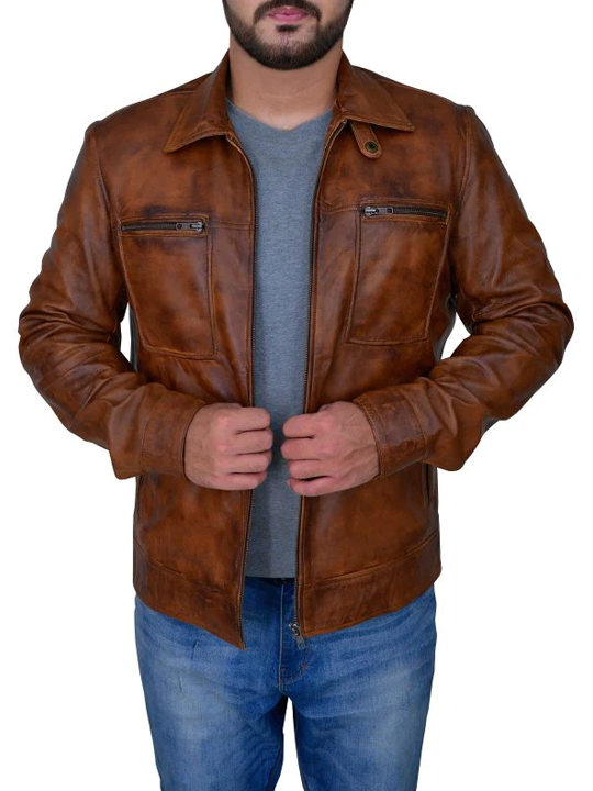 New Mens Brown Distressed Real Lambskin Leather Biker Jacket