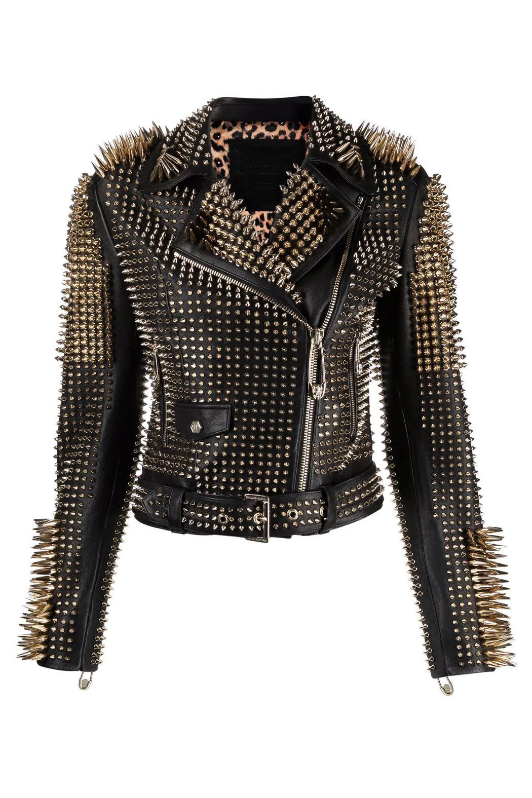 New Punk Silver Long Spiked Women Black Studded Biker Leather Jacket