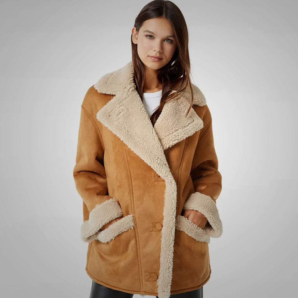 New Women RAF Brown Sheepskin Aviator B3 Suede Shearling Leather Coat