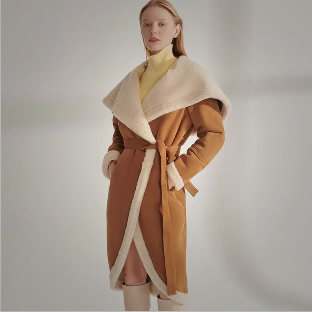 New Brown Women Sheepskin Shearling Big Hooded Leather Coat With White Fur