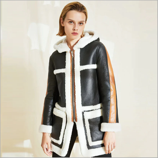 New Black Women's  Hooded Lambskin B3 Bomber Shearling Leather Coat With White Fur