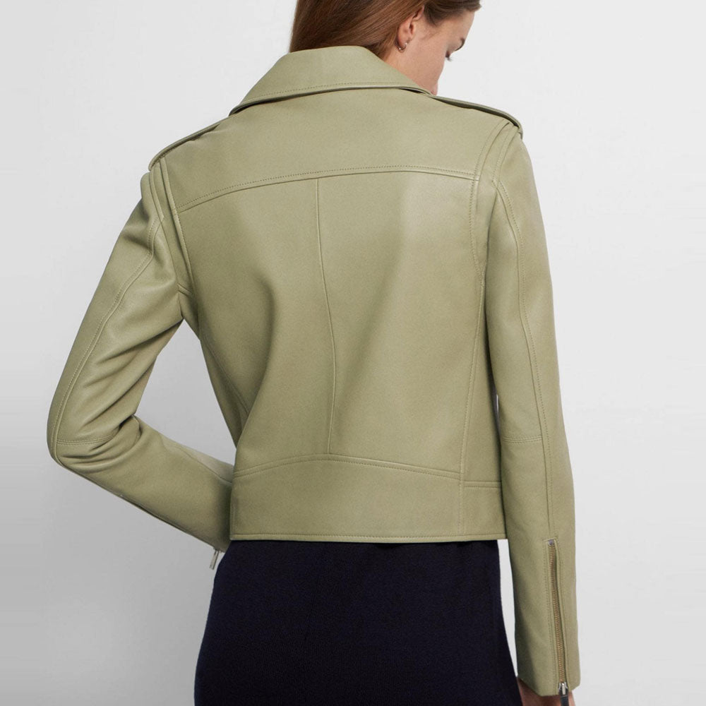New Green Women's Lambskin Motorcycle Aviator Leather Riding Biker Jacket