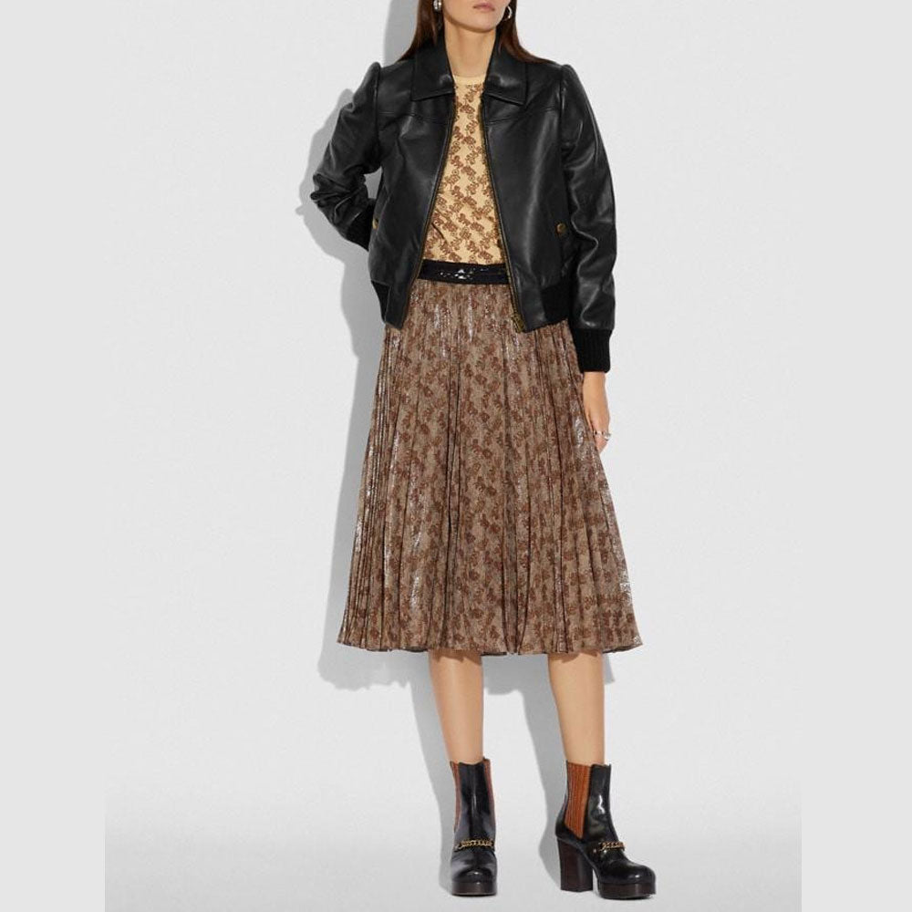 New Women Black Sheepskin Shearling Leather Bomber jacket