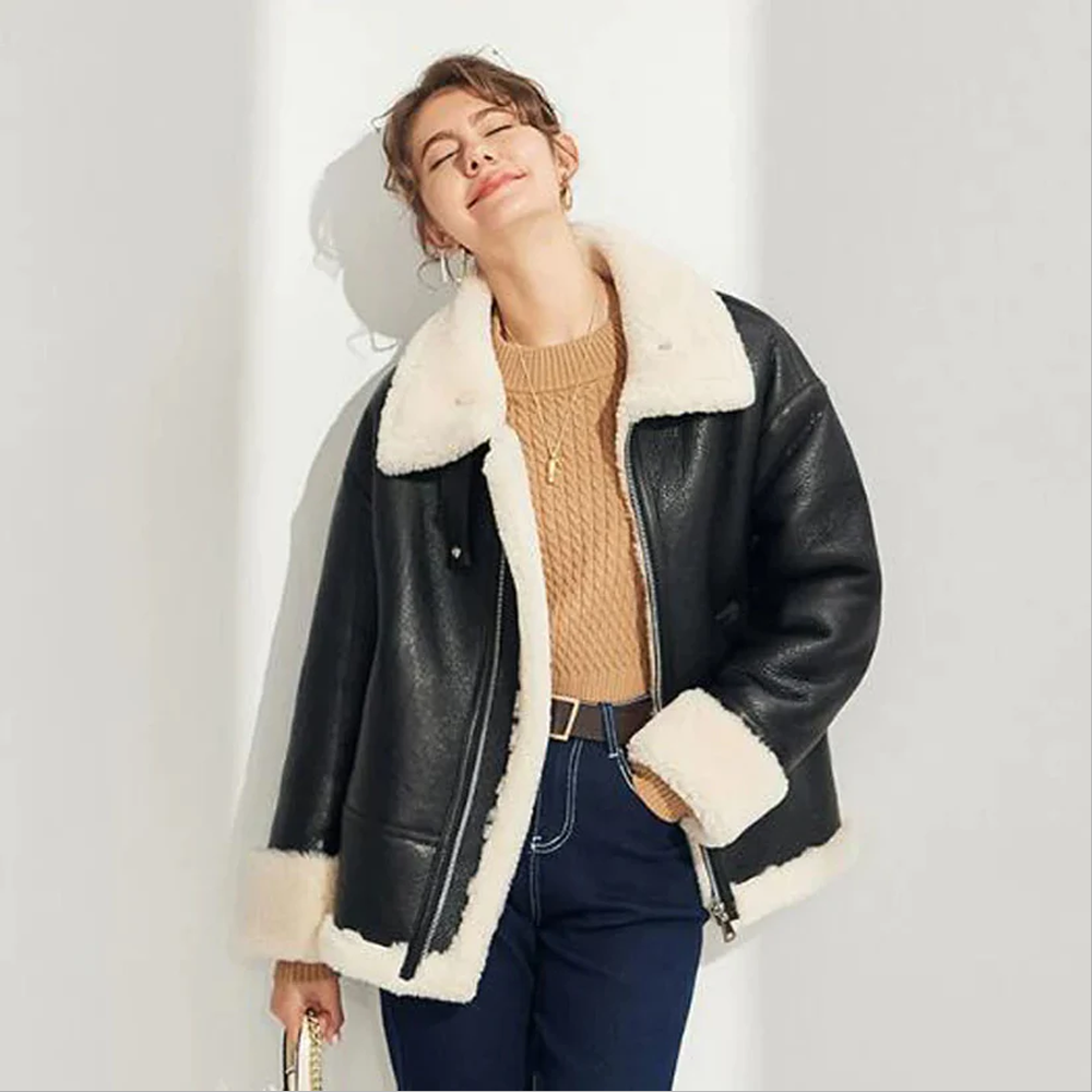 New Lambskin Women's Shearling Leather Lapel Collar Black Leather Coat