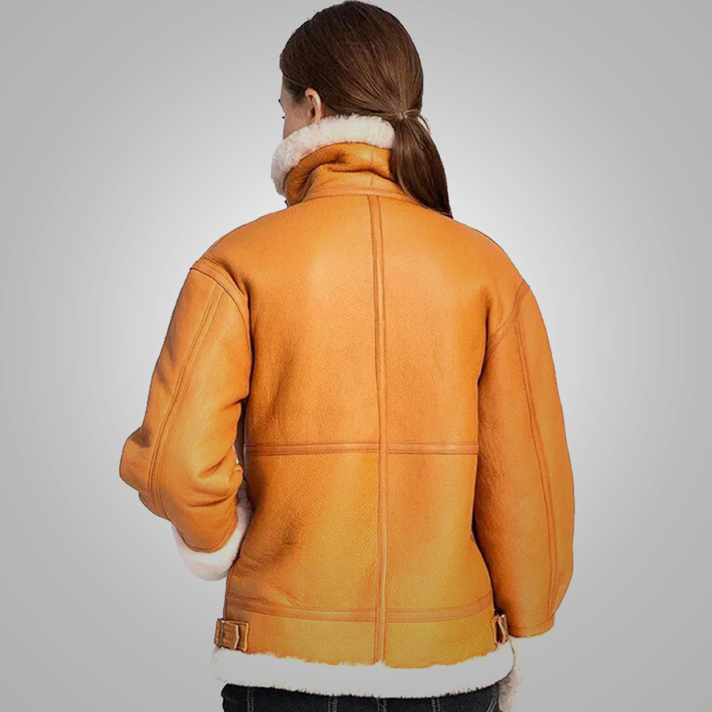 Women Brown B3 Bomber RAF Seepskin Aviator Leather White Fur Coat