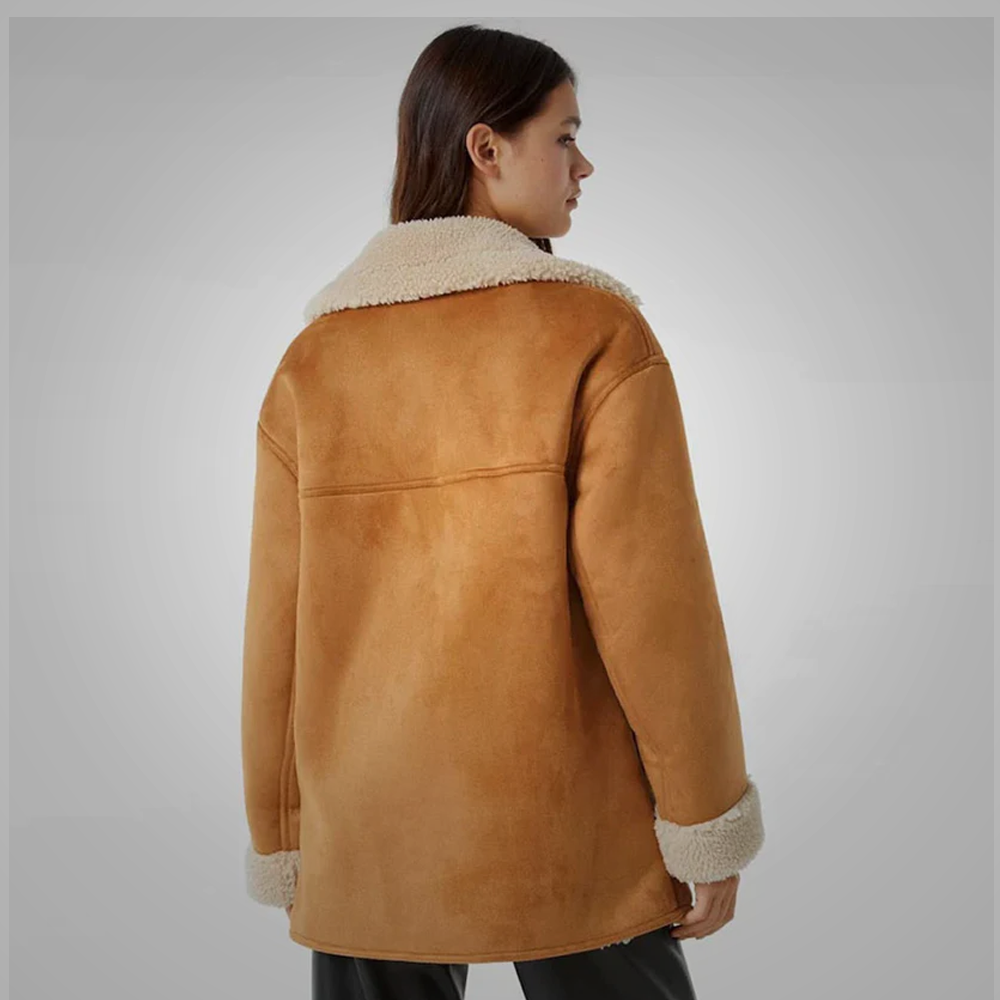 New Women RAF Brown Sheepskin Aviator B3 Suede Shearling Leather Coat