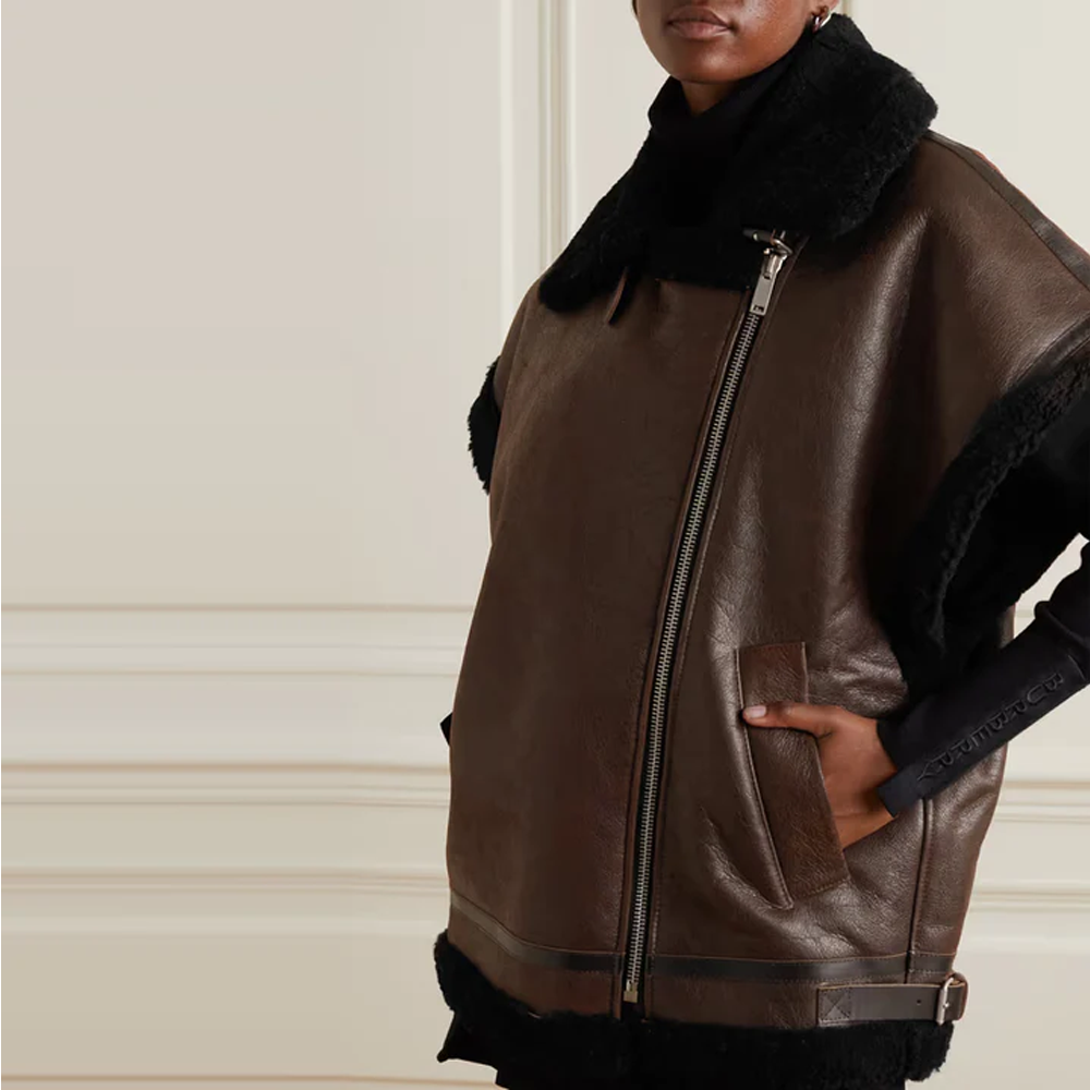 Women's Lambskin Dark Brown Shearling Leather Black Vest