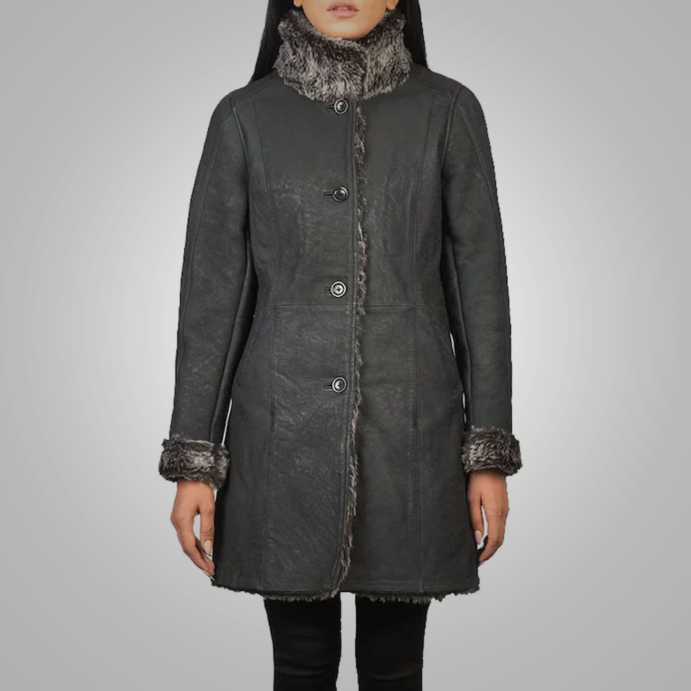 New Sheepskin Black Women Shearling Leather Long Coat For Women