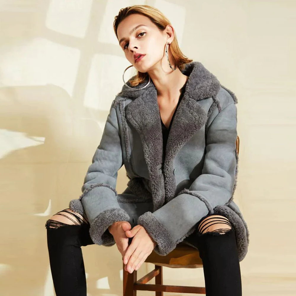 New Gray Women Lambskin Shearling Long Suede Aviator Leather Coat