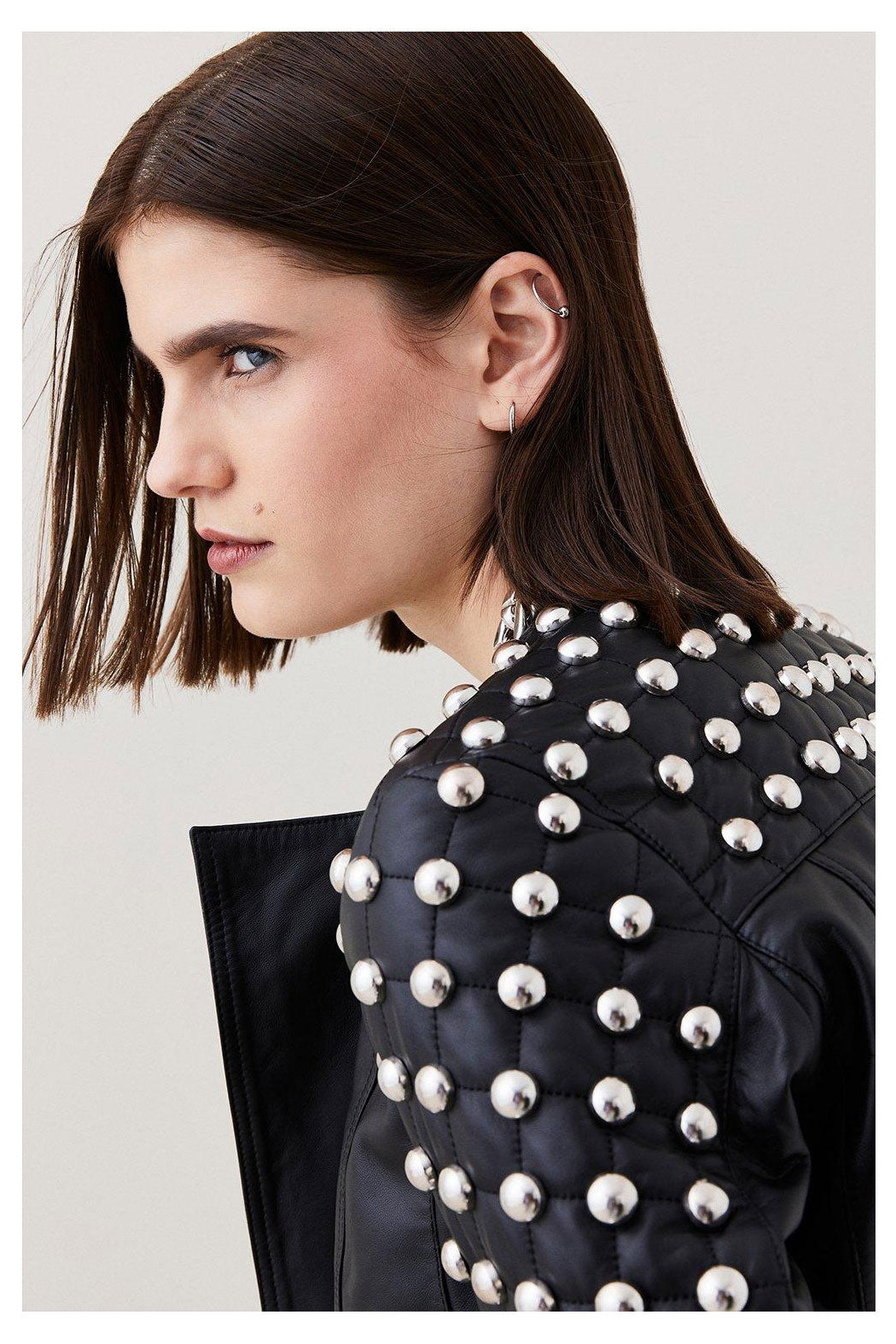 New Sheepskin Black Biker Style Silver Spiked Studded Leather Jacket For Women