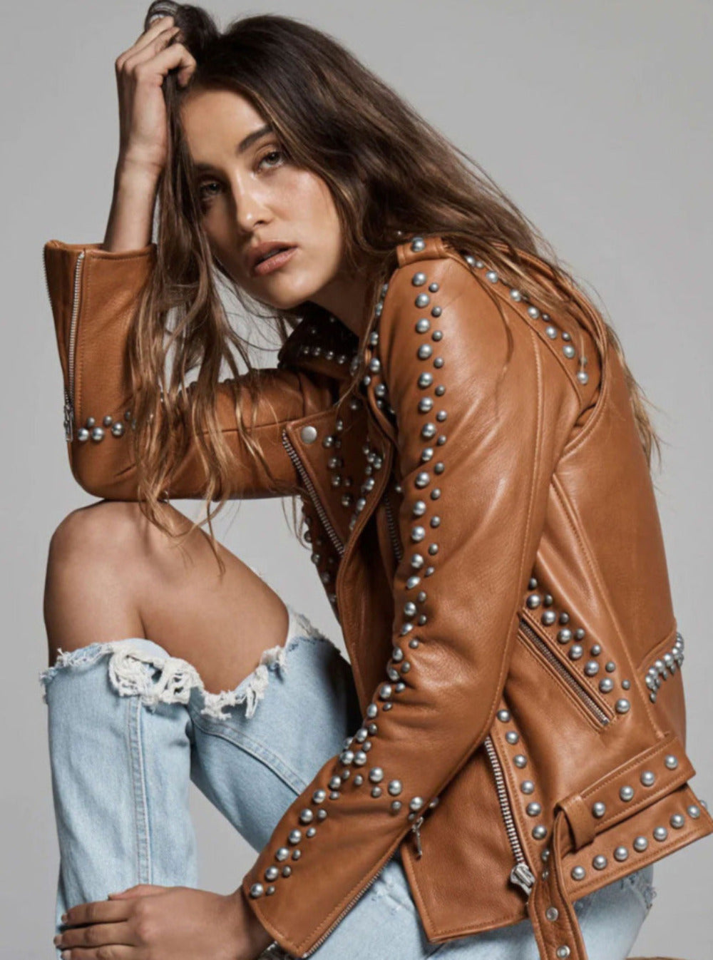 New Brown Style Silver Spiked Studded Motorcycle Leather Biker jacket For Women