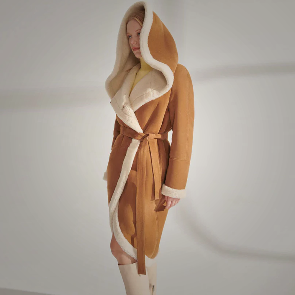 New Brown Women Sheepskin Shearling Big Hooded Leather Coat With White Fur