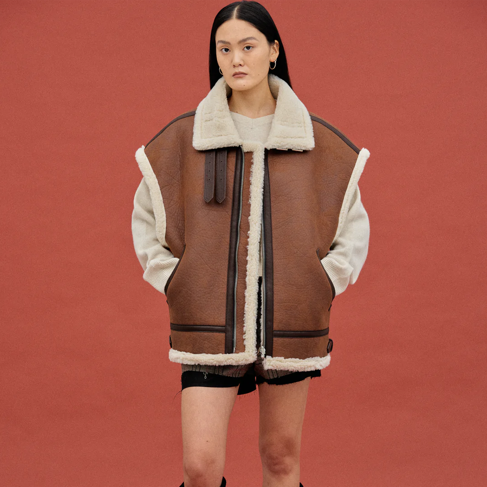 Women Brown Shearling Lambskin Aviator Leather Vest